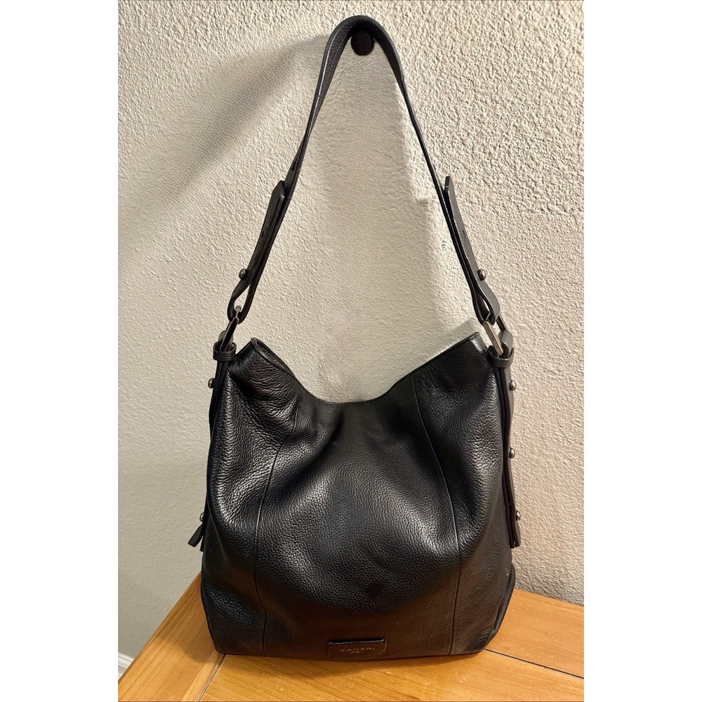 Tahari ASL Black Pebbled Leather Slouchy Hobo Shoulder Bag Adjustable Strap